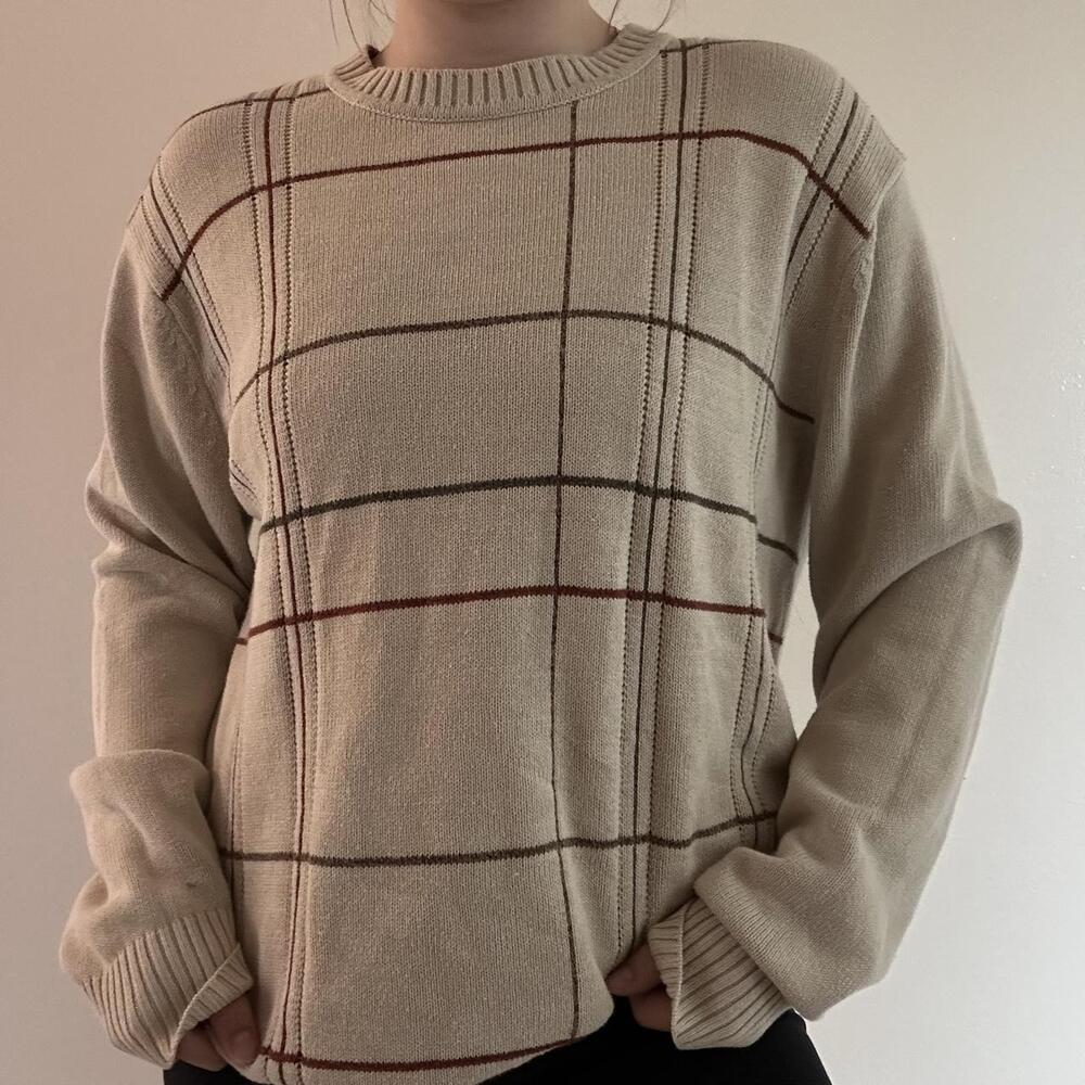 Y2K Cream & Tan Plaid Sweater – L | Dockers Academia Crewneck Long Sleeve